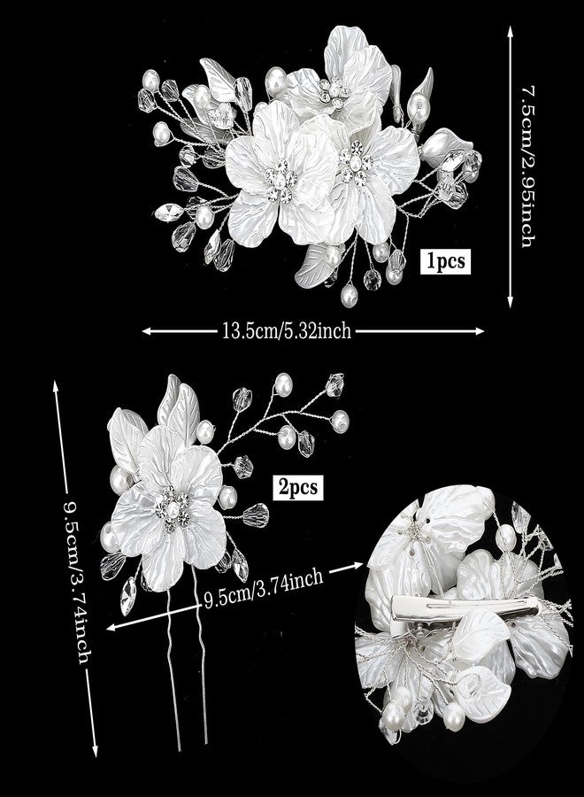 Ymapinc 3 PCS Bridal Hair Pins for Women, Ymapinc Wedding Hair Accessories, Large Flower Hair Clips with Pearls & Rhinestones, White Wedding Bride Hair Jewelry, Flower Clips for Hair - Image 2